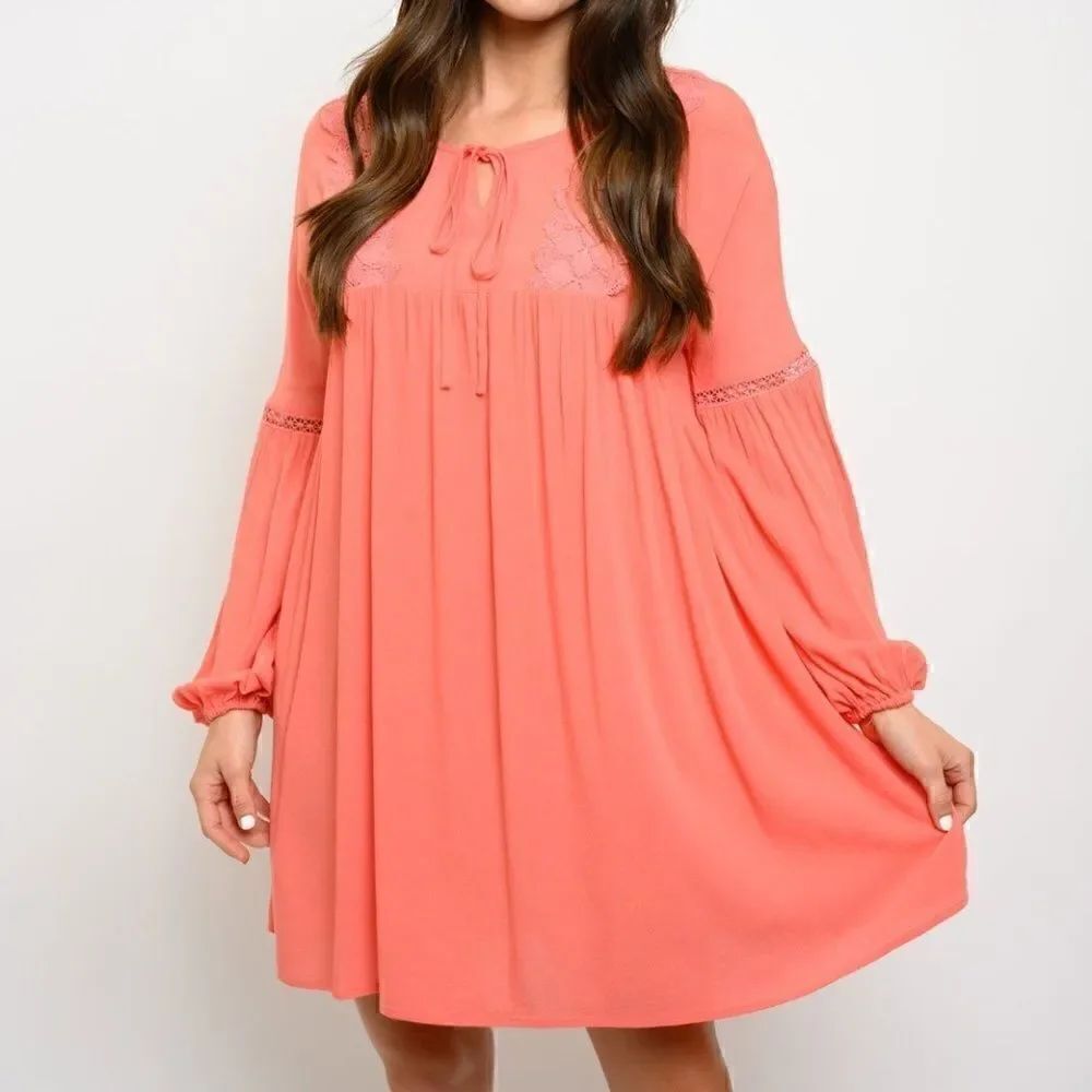 NEW! WOMEN'S CORAL LONG SLEEVE TUNIC BOHO MINI DRESS